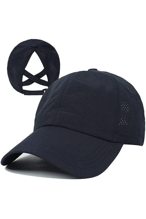 Women Female Criss Cross Ponytail Baseball Cap Adjustable High Messy Bun Ponycap Trucker Hats Quick Drying Mesh Dad Hat for Outdoor Sports Travel Navy Blue