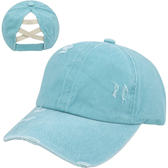 Muryobao Women Female Criss Cross Ponytail Baseball Cap Adjustable High Messy Bun Ponycap Trucker Hats Quick Drying Mesh Dad Hat for Outdoor Sports Travel Lake Blue