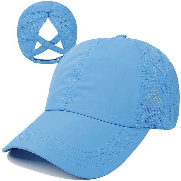 Muryobao Women Female Criss Cross Ponytail Baseball Cap Adjustable High Messy Bun Ponycap Trucker Hats Quick Drying Mesh Dad Hat for Outdoor Sports Travel Blue
