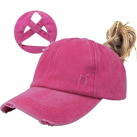 Muryobao Women Ponytail Criss Cross Messy Buns Ponycaps Baseball Cap Adjustable Cotton Distressed Dad Trucker Hat Rose Red