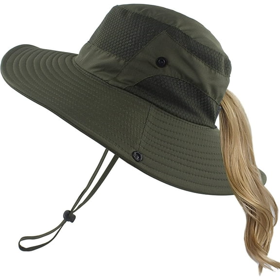 Muryobao Women Ponytail Sun Hat Summer UV Protection Cap Outdoor Waterpoor Foldable Mesh Wide Brim Bucket Hats for Beach Fishing Garden Green