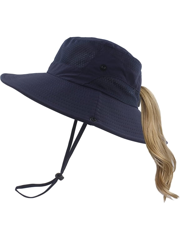 Women Ponytail Sun Hat Summer UV Protection Cap Outdoor Waterpoor Foldable Mesh Wide Brim Bucket Hats for Beach Fishing Garden Navy