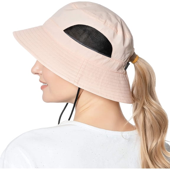 Muryobao Women Ponytail Sun Hat Wide Brim Summer Shade Hats Outdoor UV Protection Packable Mesh Bucket Cap for Safari Beach Travel Fishing Gardening Hiking Pink