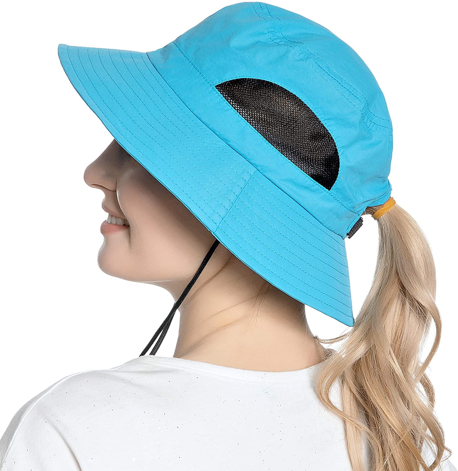 Muryobao Women Ponytail Sun Hat Wide Brim Summer Shade Hats Outdoor UV  Protection Packable Mesh Bucket Cap for Safari Beach Travel Fishing  Gardening