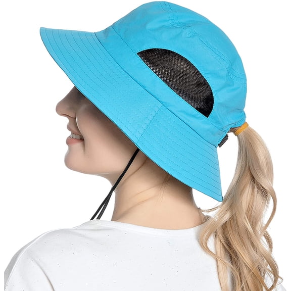 Muryobao Women Ponytail Sun Hat Wide Brim Summer Shade Hats Outdoor UV Protection Packable Mesh Bucket Cap for Safari Beach Travel Fishing Gardening Hiking Blue