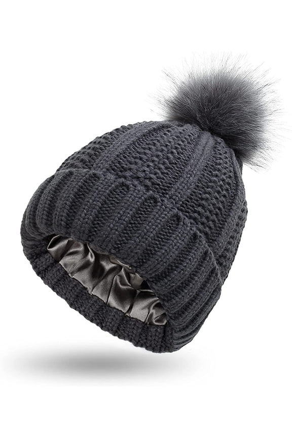 Women Satin Lined Beanie Hat Knit Cuffed Warm Winter Hats Faux Fur Pom Pom Silk Lining Slouchy Skull Cap Dark Grey