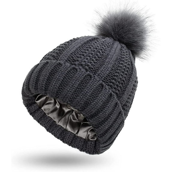 Muryobao Women Satin Lined Beanie Hat Knit Cuffed Warm Winter Hats Faux Fur Pom Pom Silk Lining Slouchy Skull Cap Dark Grey