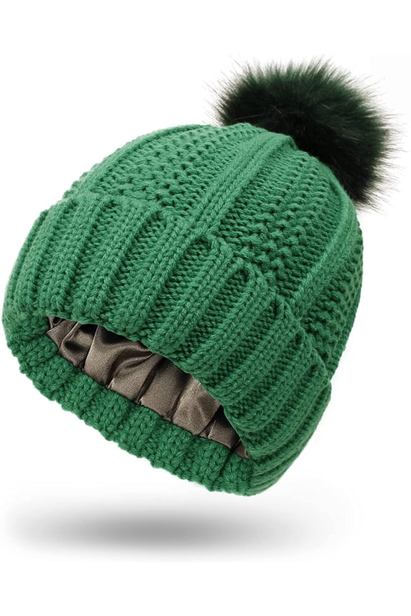 Women Satin Lined Beanie Hat Knit Cuffed Warm Winter Hats Faux Fur Pom Pom Silk Lining Slouchy Skull Cap Green