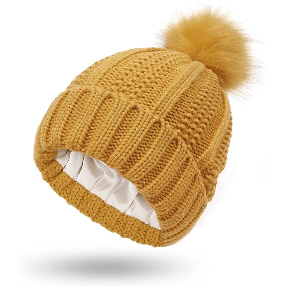 Muryobao Women Satin Lined Beanie Hat Knit Cuffed Warm Winter Hats Faux Fur Pom Pom Silk Lining Slouchy Skull Cap Yellow