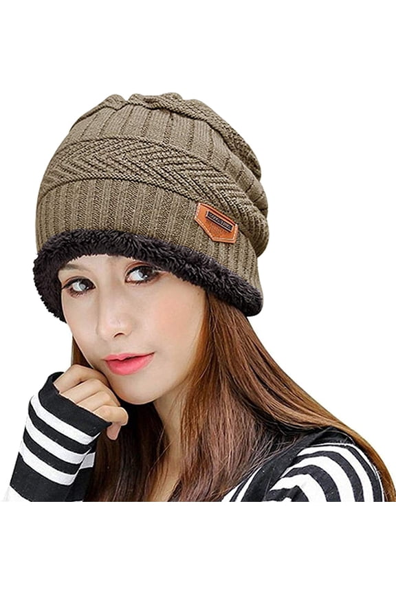 Women Thick Warm Winter Beanie Hat Slouchy Skully Knit Hats Soft Stretch Ribbed Cap for Snow Ski Khaki