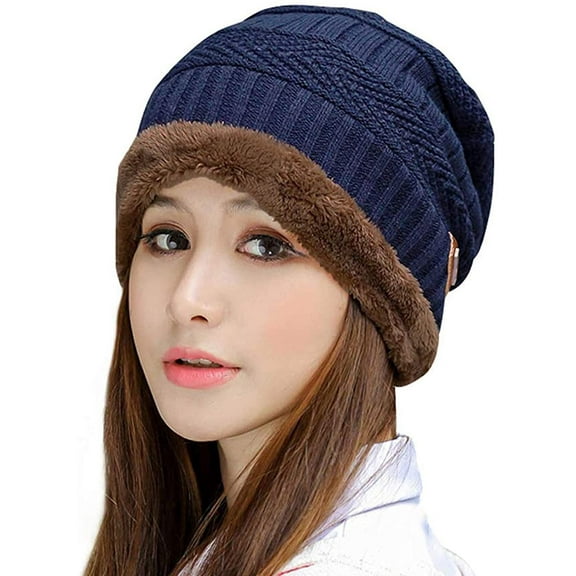 Muryobao Women Thick Warm Winter Beanie Hat Slouchy Skully Knit Hats Soft Stretch Ribbed Cap for Snow Ski Navy