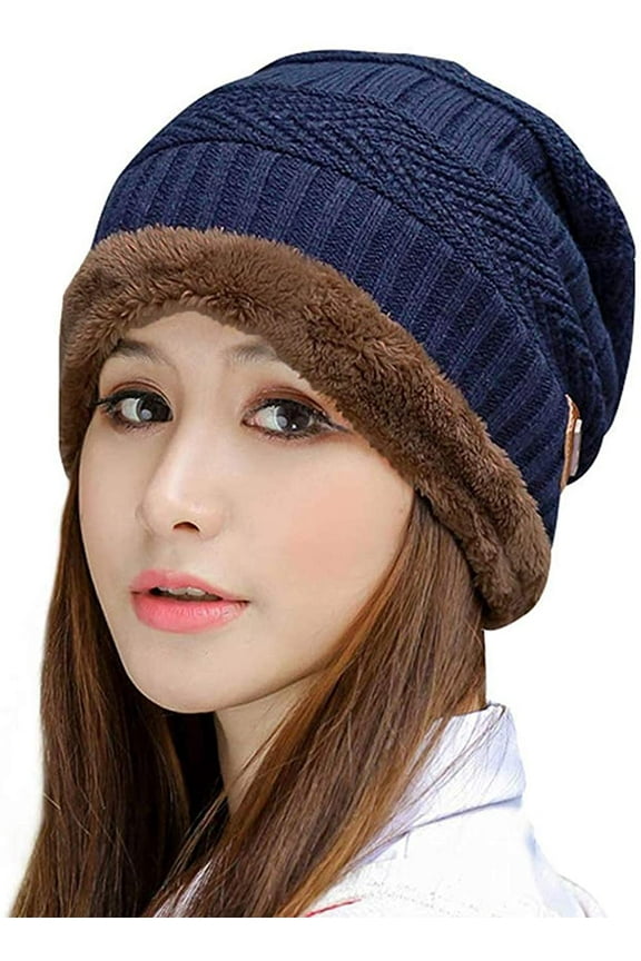 Women Thick Warm Winter Beanie Hat Slouchy Skully Knit Hats Soft Stretch Ribbed Cap for Snow Ski Navy