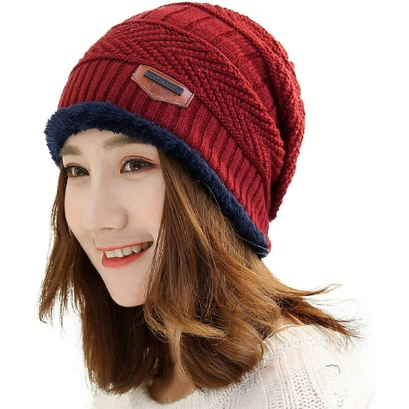 Muryobao Women Thick Warm Winter Beanie Hat Slouchy Skully Knit Hats Soft Stretch Ribbed Cap for Snow Ski Red