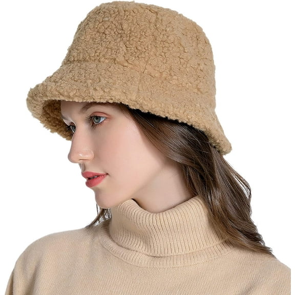 Muryobao Women Winter Bucket Hat Vintage Cloche Hats Warm Faux Fur Wool Outdoor Fisherman Cap Khaki