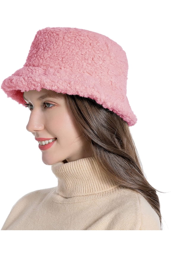 Women Winter Bucket Hat Vintage Cloche Hats Warm Faux Fur Wool Outdoor Fisherman Cap Pink