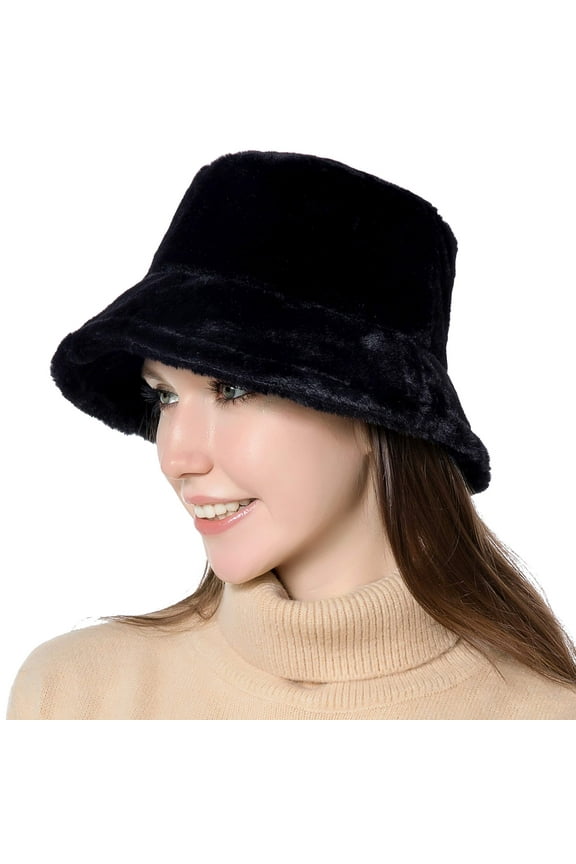 Women Winter Bucket Hat Warm Faux Fur Wool Cloche Hats Outdoor Foldable Fisherman Cap Black