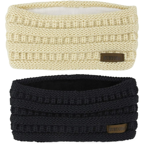 Muryobao Women Winter Ear Warmer Headband Cable Knit Fuzzy Fleece Lined Head Wrap Stretchy Thick Headband Black & Beige