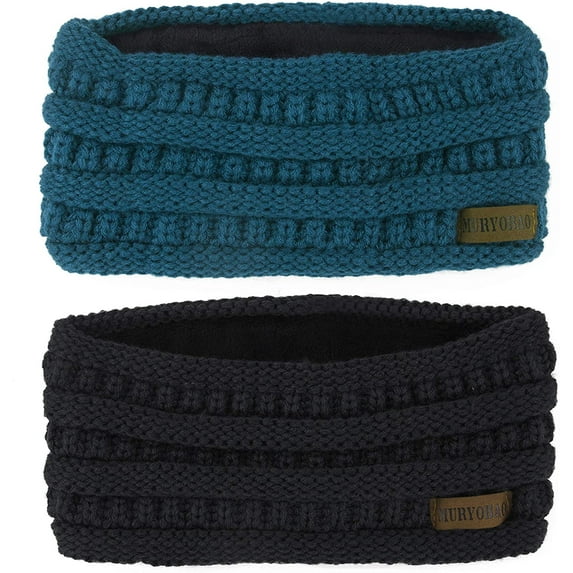 Muryobao Women Winter Ear Warmer Headband Cable Knit Fuzzy Fleece Lined Head Wrap Stretchy Thick Headband Black & Cyan