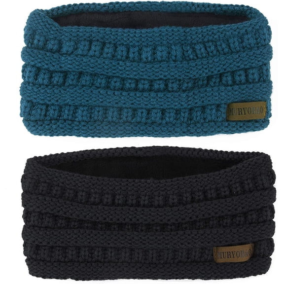 Muryobao Women Winter Ear Warmer Headband Cable Knit Fuzzy Fleece Lined Head Wrap Stretchy Thick Headband Black & Cyan