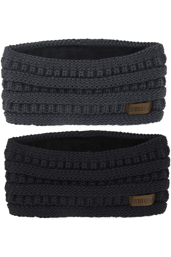 Women Winter Ear Warmer Headband Cable Knit Fuzzy Fleece Lined Head Wrap Stretchy Thick Headband Black & Dark Grey