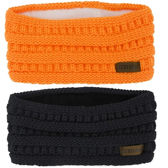 Muryobao Women Winter Ear Warmer Headband Cable Knit Fuzzy Fleece Lined Head Wrap Stretchy Thick Headband Black & Neon Orange