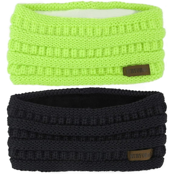 Muryobao Women Winter Ear Warmer Headband Cable Knit Fuzzy Fleece Lined Head Wrap Stretchy Thick Headband Black & Neon Yellow