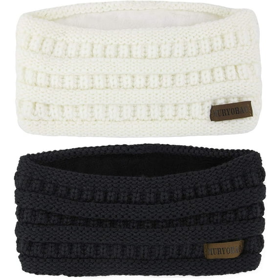 Muryobao Women Winter Ear Warmer Headband Cable Knit Fuzzy Fleece Lined Head Wrap Stretchy Thick Headband Black & White