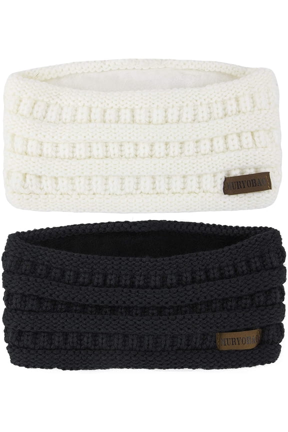 Women Winter Ear Warmer Headband Cable Knit Fuzzy Fleece Lined Head Wrap Stretchy Thick Headband Black & White