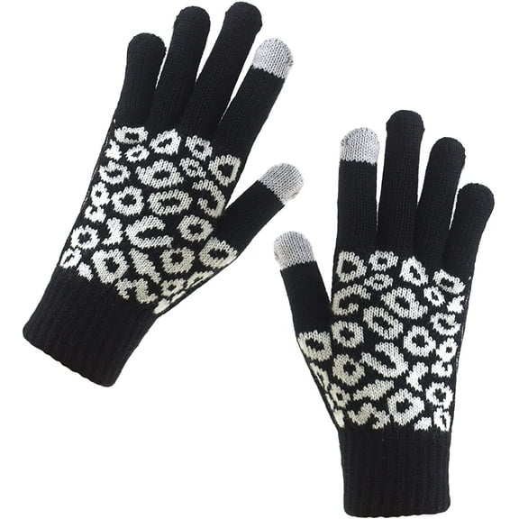 Muryobao Women Winter Warm Touch Screen Gloves Knitted Soft Elastic Thick Gloves for Clod Weather Leopard Black