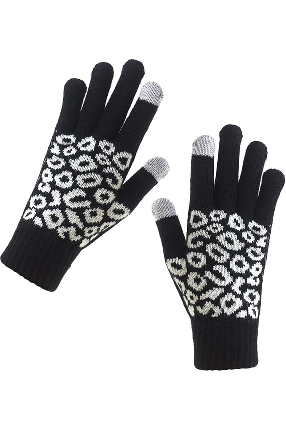 Women Winter Warm Touch Screen Gloves Knitted Soft Elastic Thick Gloves for Clod Weather Leopard Black