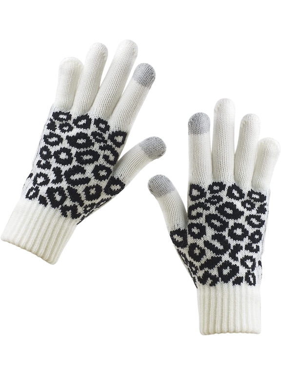 Women Winter Warm Touch Screen Gloves Knitted Soft Elastic Thick Gloves for Clod Weather Leopard White