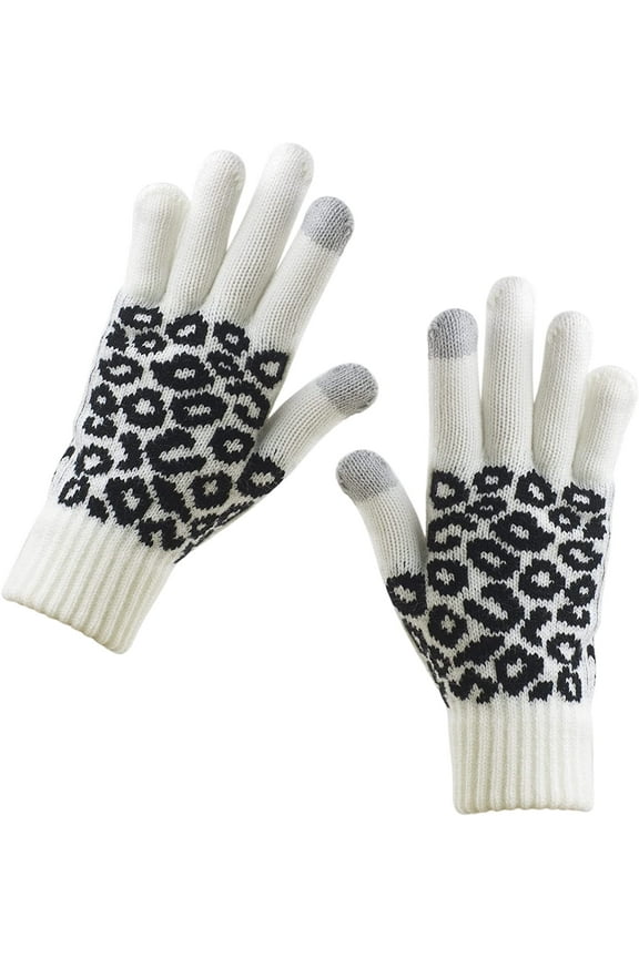 Women Winter Warm Touch Screen Gloves Knitted Soft Elastic Thick Gloves for Clod Weather Leopard White