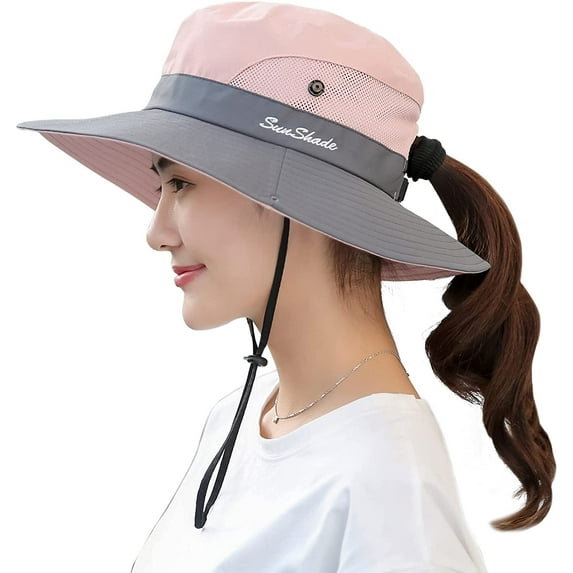 Muryobao Women's Ponytail Sun Hat UV Protection Foldable Mesh Wide Brim Beach Fishing Hat