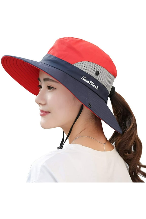 Women's Ponytail Sun Hat UV Protection Foldable Mesh Wide Brim Beach Fishing Hat