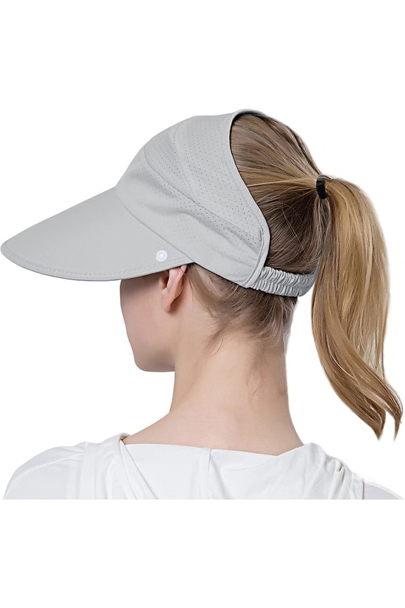 Womens Baseball Sun Hat Outdoor Wide Brim UV Protection Foldable Ponytail Mesh Summer Visor Cap with Removable Neck Face Flap for Garden Beach Travel Grey