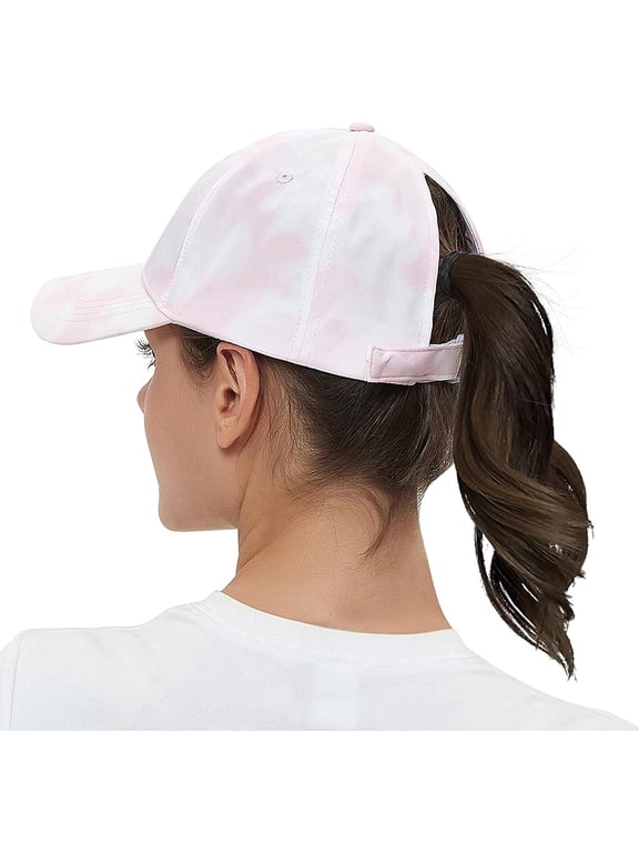 Womens Ponytail Baseball Cap Adjustable High Messy Bun Ponycap Lightweight Quick Drying Trucker Hat for Outdoor Sports Travel Pink Tie Dye