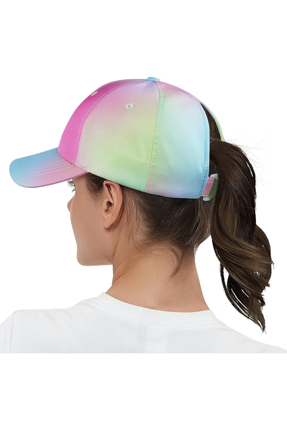 Womens Ponytail Baseball Cap Adjustable High Messy Bun Ponycap Lightweight Quick Drying Trucker Hat for Outdoor Sports Travel Rainbow