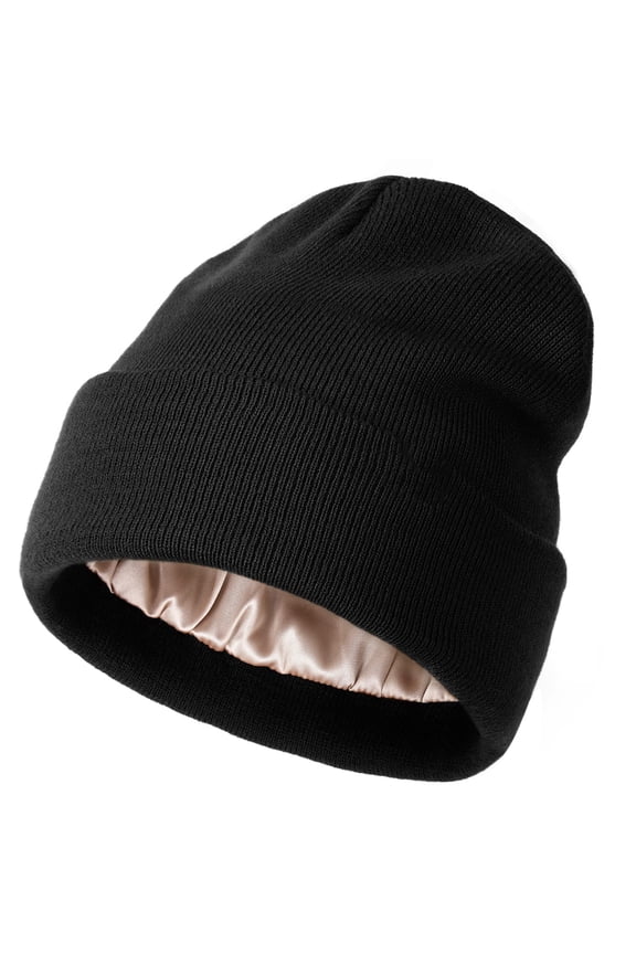 Womens Saitn Lined Knit Beanie Hat Acrylic Winter Hats for Women Men Silk Lining Soft Slouchy Warm Cuffed Beanie Hat Black