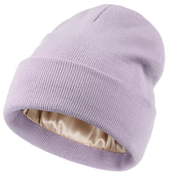 Muryobao Womens Saitn Lined Knit Beanie Hat Acrylic Winter Hats for Women Men Silk Lining Soft Slouchy Warm Cuffed Beanie Hat Lavender Purple