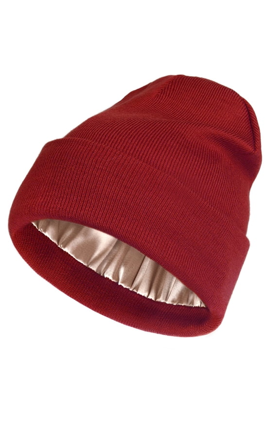 Womens Saitn Lined Knit Beanie Hat Acrylic Winter Hats for Women Men Silk Lining Soft Slouchy Warm Cuffed Beanie Hat Wine Red