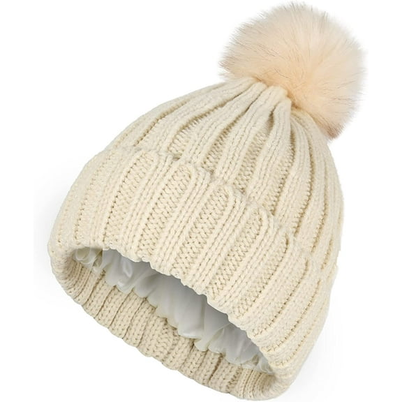 Muryobao Womens Winter Beanie Hat Warm Silk Satin Lined Cuffed Cable Knit Hat with Detachable Pom Ski Skull Cap Beige