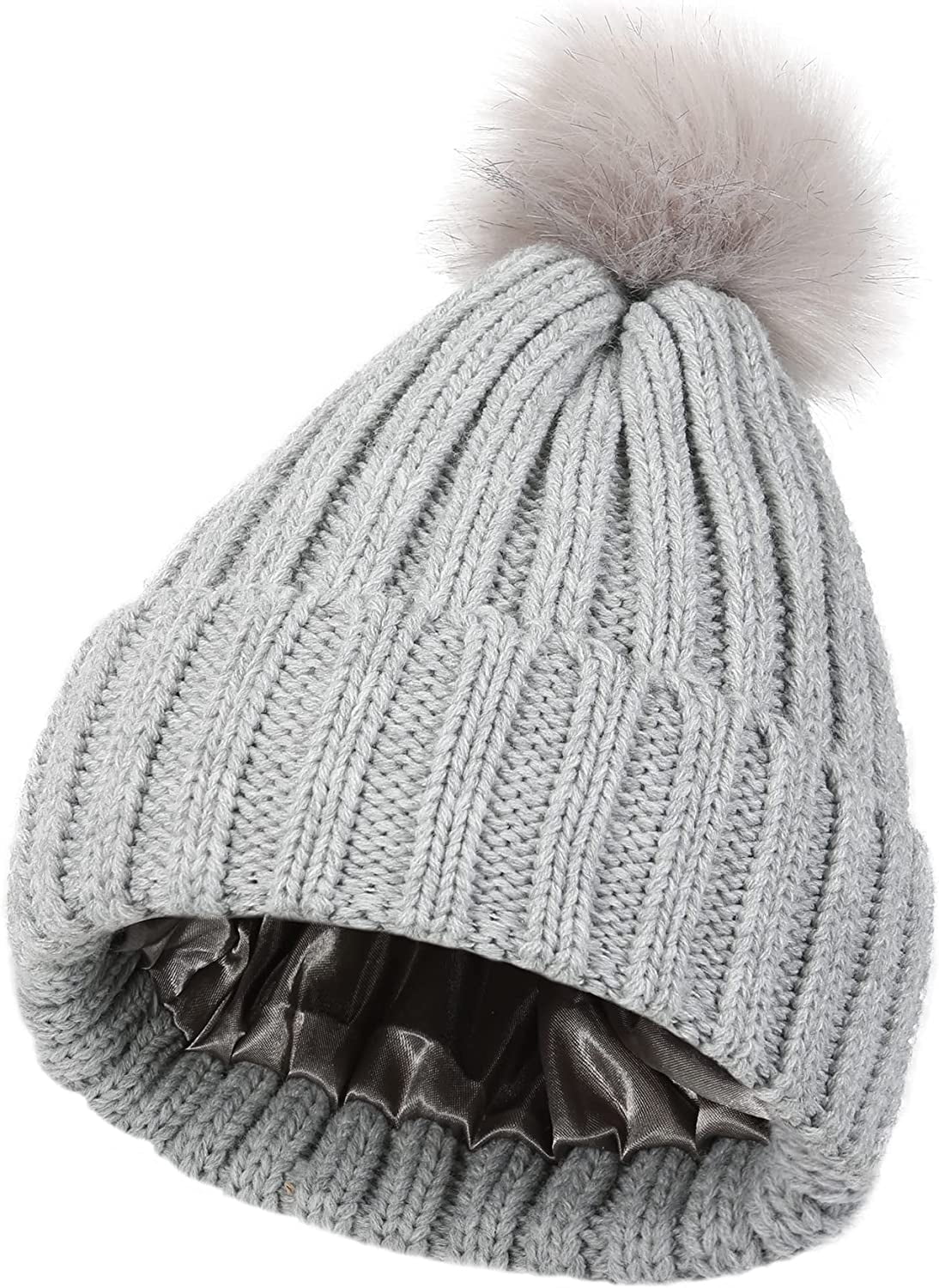 Muryobao Womens Satin Lined Winter Beanie Hat with Faux Fur Pom Cuffed Warm Knit Muryobao Women Satin Lined Beanie Hat Knit Cuffed Warm  main image 3