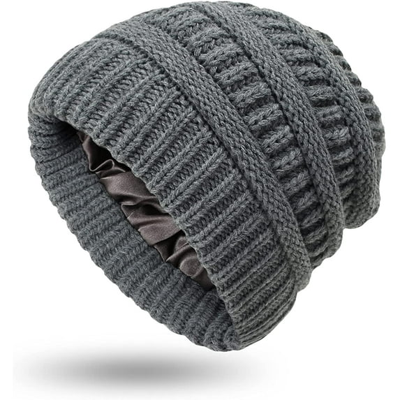 Muryobao Womens Winter Warm Knitted Hat Satin Silk Lined Cable Knit Beanie Chunky Slouchy Skull Cap Dark Grey