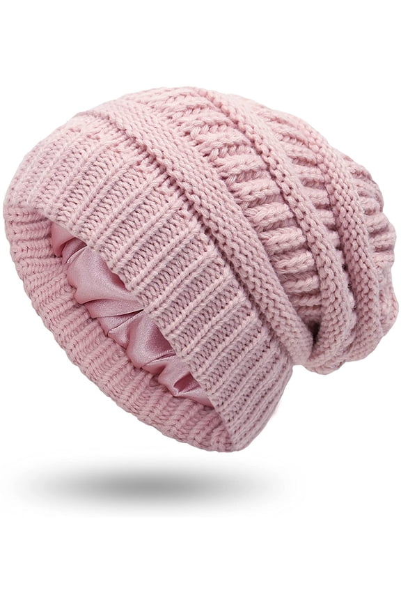 Womens Winter Warm Knitted Hat Satin Silk Lined Cable Knit Beanie Chunky Slouchy Skull Cap Pink