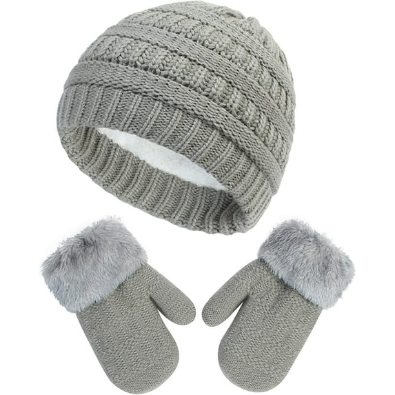 Muryuobao Toddler Kids Girls Boys Knitted Winter Hat Gloves Set Warm Fleece Lined Hats Baby Cable Skull Beanie Cap Mittens Set 3-6 Years Light Grey