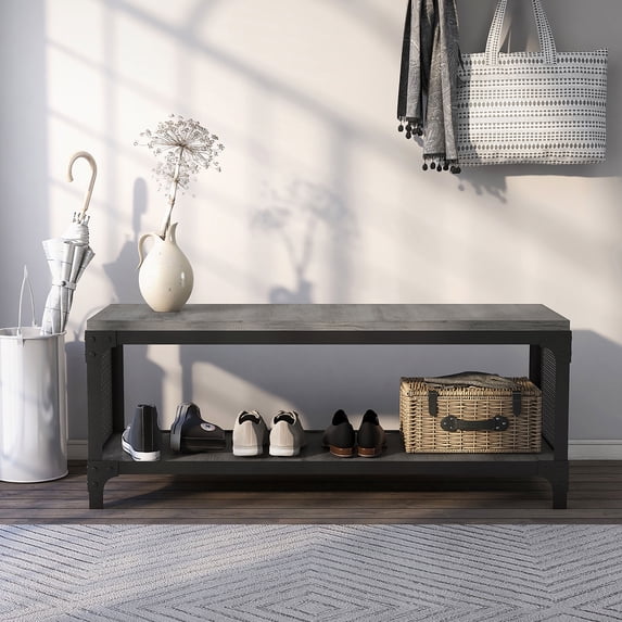 Musa Lower Storage Shelf Wood Vintage Gray Oak Bench