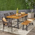 thumbnail image 1 of Musa Outdoor 6 Piece Dining Set with Stacking Wicker Chairs and Bench, Sandlblast Teak, Black, Multi Brown, 1 of 7