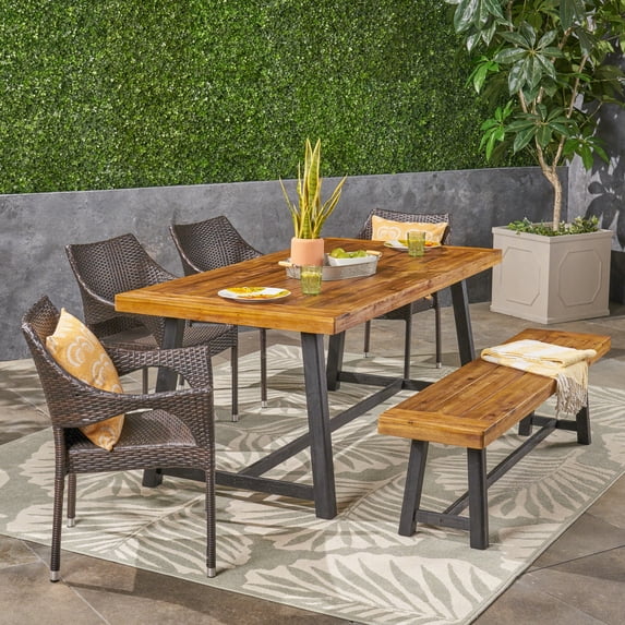 Musa Outdoor 6 Piece Dining Set with Stacking Wicker Chairs and Bench, Sandlblast Teak, Black, Multi Brown