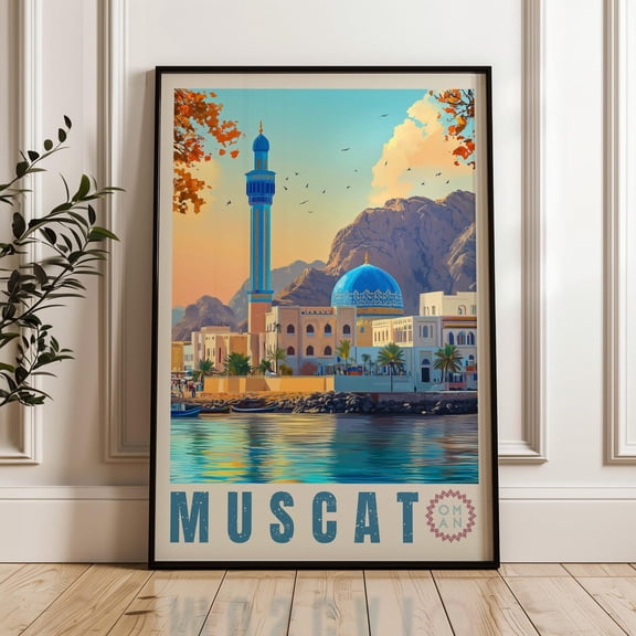 Muscat Oman travel Print art print, Middle East wall art of coastal cityscape, mosque decor, desert mountain, Unframed Canvas 8x10in