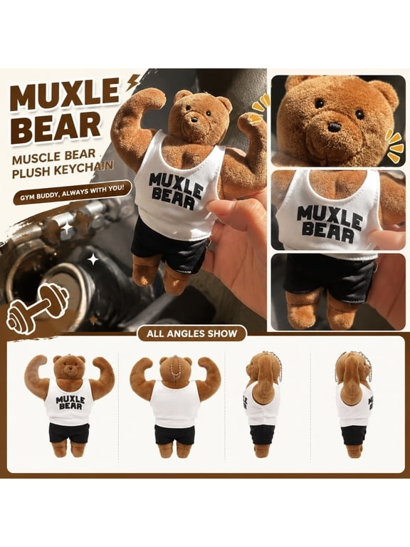 Muscle Bear Stuffed Animal Keychain with Metal Chain, Cute Teddy Bear Bag Charm for Gym Lovers, Mini Plush Zipper Pull Charm for Backpack, Christmas Stocking Stuffer, 5X3 Inch
